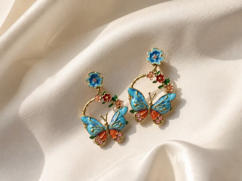 Butterfly Floral Wreath Earrings Gold Statement Boho Enamel Retro Flower Stud CZ